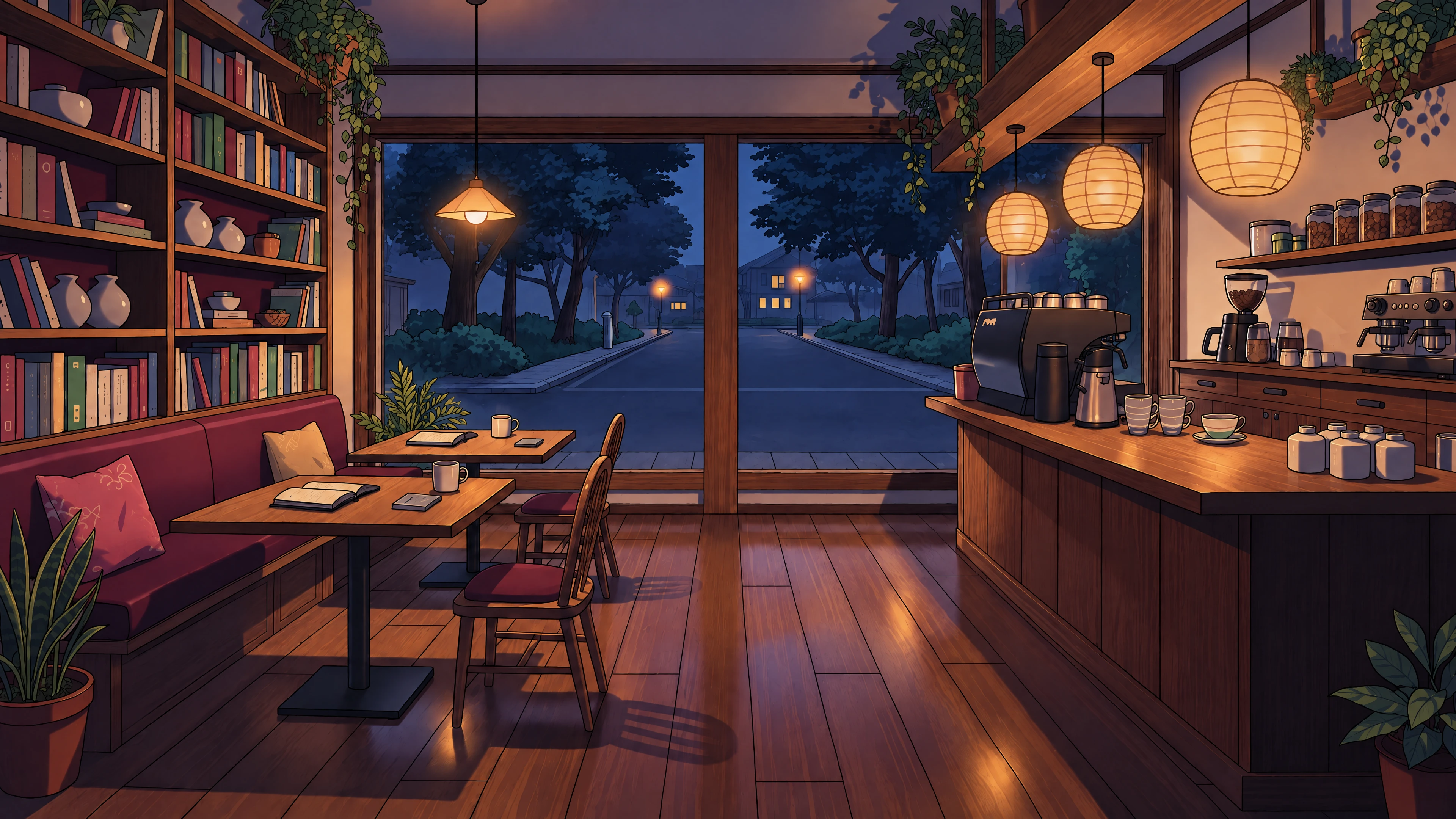 Illustrated neighbourhood café with bookshelves, warm lamps and an evening view through the windows